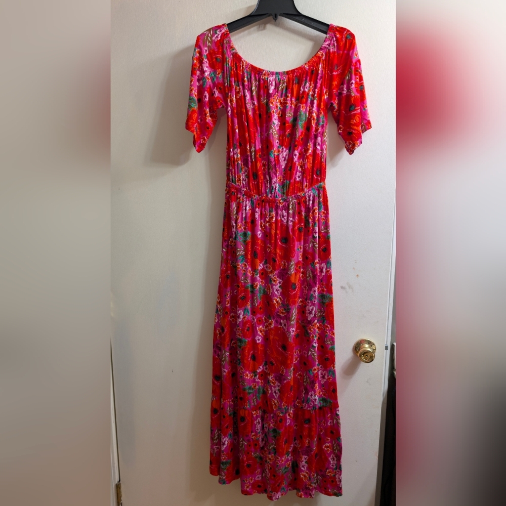 LASCANA Floral Off-The-Shoulder Maxi Dress Pink Red Boho Size 6